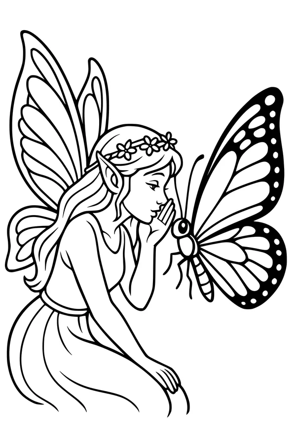 Free Fairy Coloring Page - Girl Whispering to Butterfly (Printable PDF)