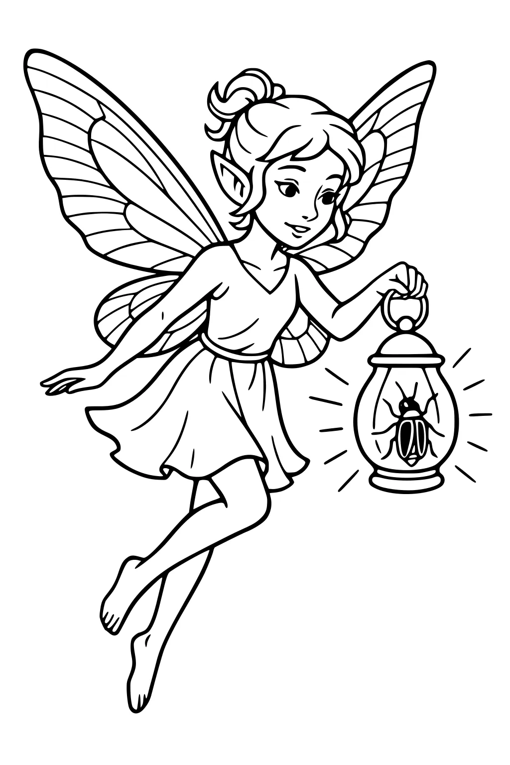 Fairy girl with large wings flies barefoot, holding a lantern with a glowing firefly; simple line art, no background.
