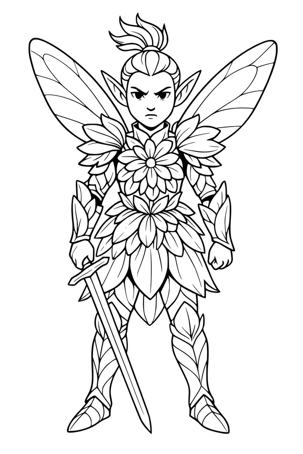 Free Fairy Warrior Coloring Page - Blossom-Armored Winged Knight (Printable PDF)