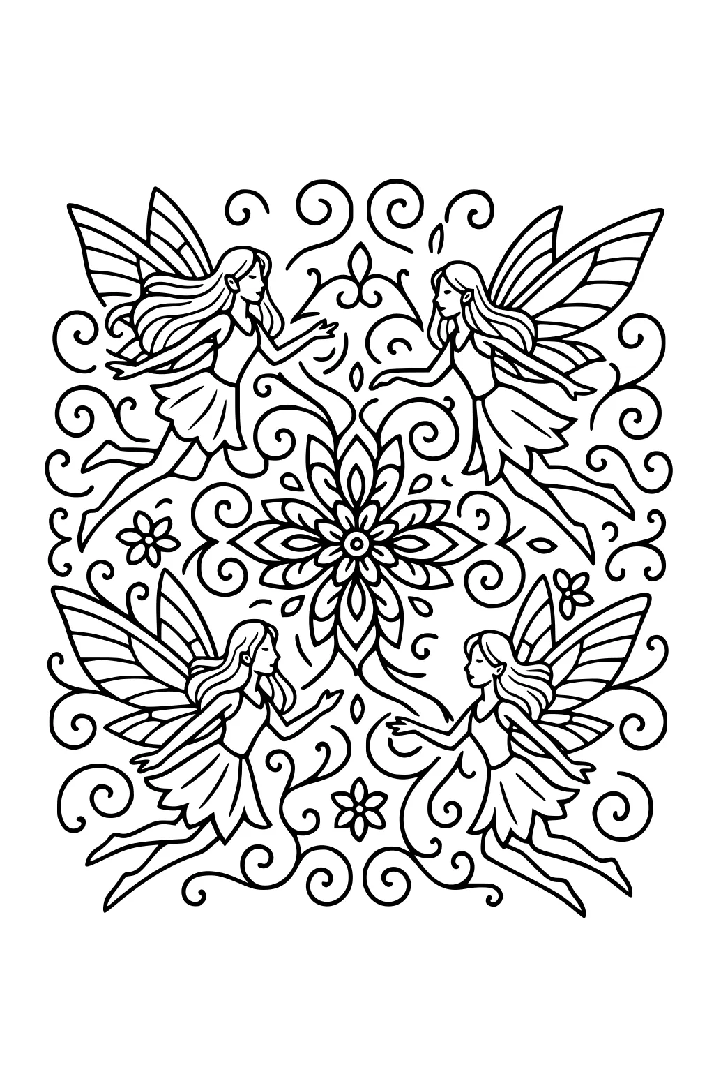 Four winged fairies circle a large floral mandala with swirly vines and small flowers in a symmetrical pattern.