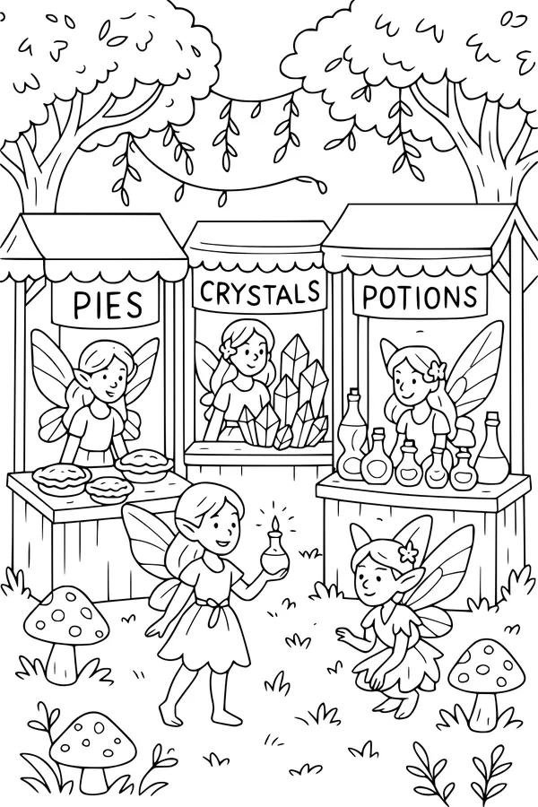 Free Fairy Market Coloring Page - Enchanted Forest Stalls (Printable PDF)