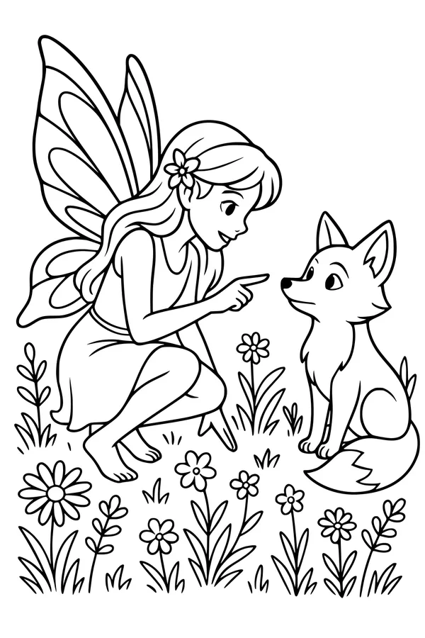 Free Fairy and Fox Coloring Page - Spring Meadow Friendship Scene (Printable PDF)