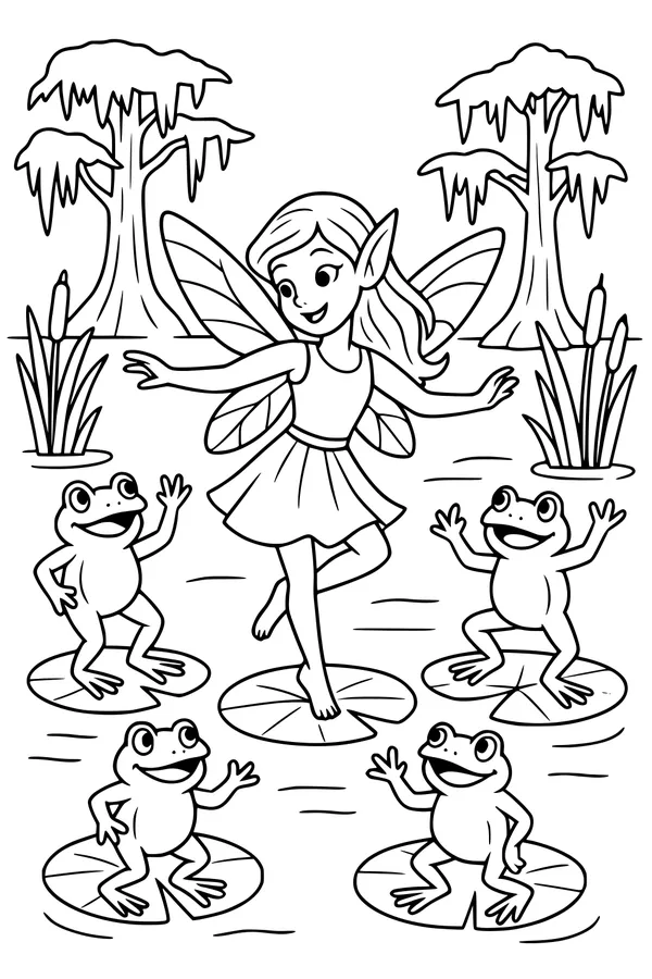 Free Fairy Coloring Page - Dancing on Lily Pads with Frogs (Printable PDF)
