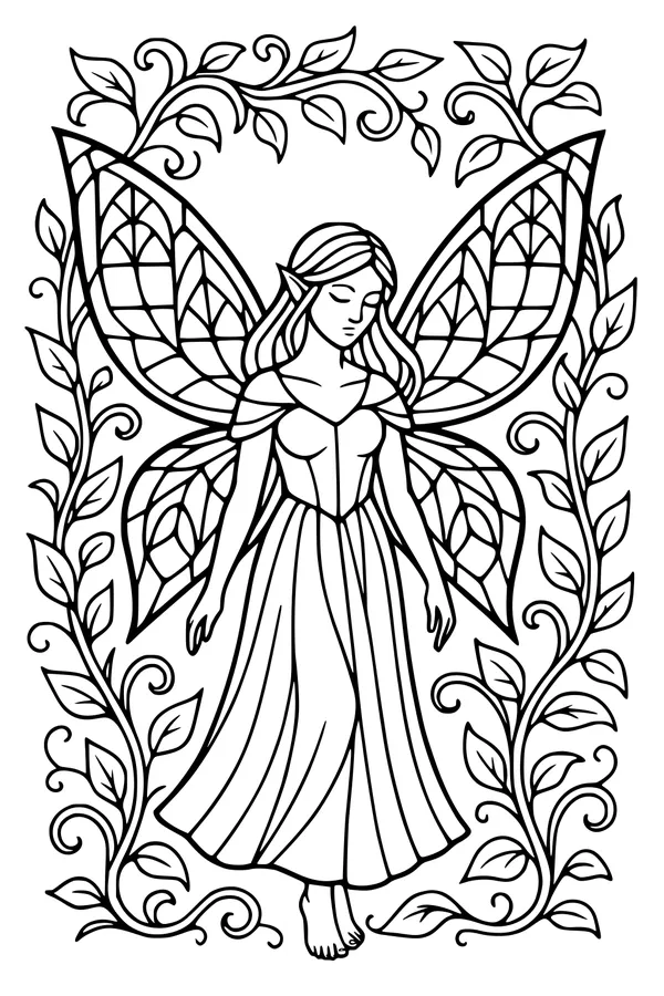 Free Fairy Coloring Page - Forest Elf Girl Among Winding Vines (Printable PDF)