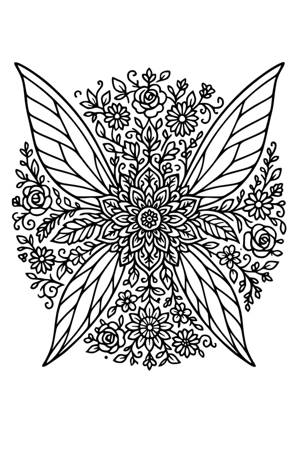 Free Fairy Wings Coloring Page - Floral Mandala Garden (Printable PDF)