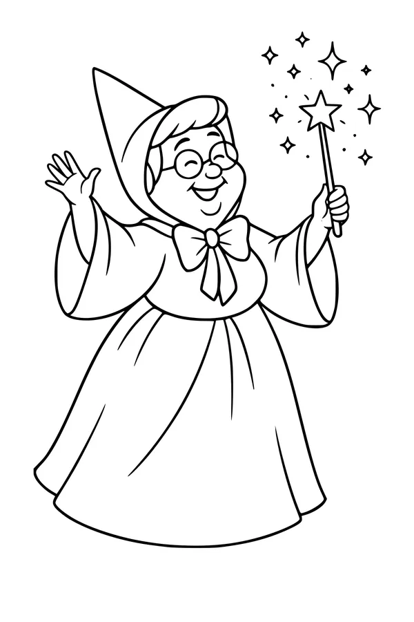 Free Fairy Godmother Coloring Page - Sparkling Star Wand and Gown (Printable PDF)