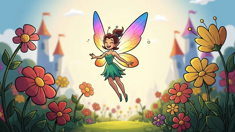A fairy with luminous wings hovering over a garden of flowers, with soft light and distant castles in the background.