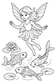 Free Fairy Coloring Page - Winged Girl Over Koi Pond (Printable PDF)