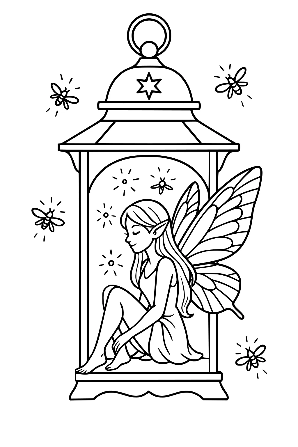 Fairy girl sits inside a lantern, wings folded, eyes closed, with fireflies and sparkles glowing around the frame.