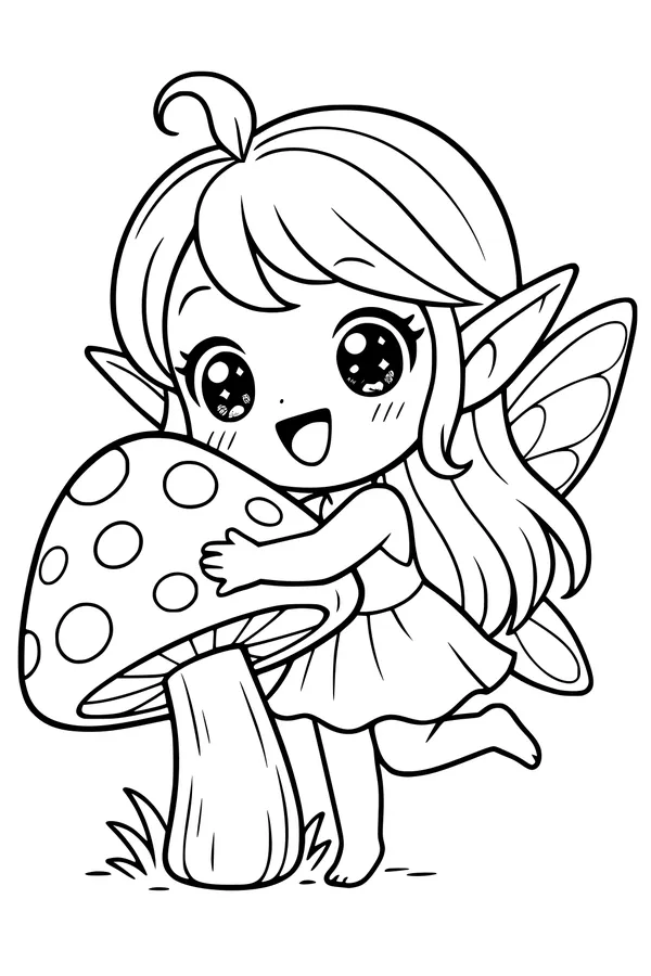 Free Fairy Coloring Page - Cute Fairy Hugging Spotted Toadstool (Printable PDF)