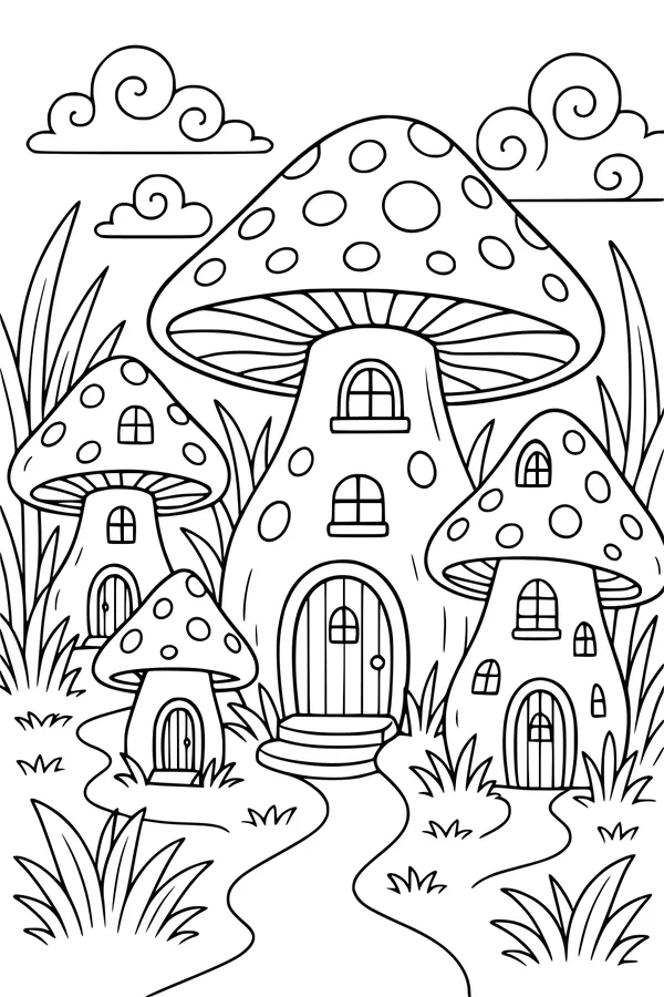 Free Fairy Village Coloring Page - Mushroom Houses on Winding Lane (Printable PDF)