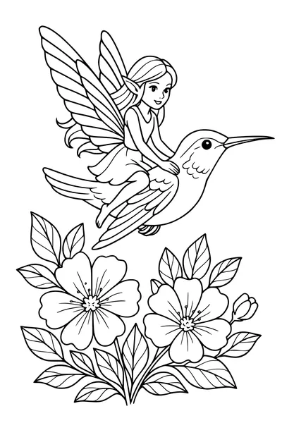Free Fairy and Hummingbird Coloring Page - Magical Garden Ride (Printable PDF)
