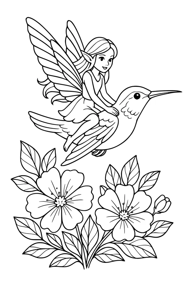 Free Fairy and Hummingbird Coloring Page - Magical Garden Ride (Printable PDF)