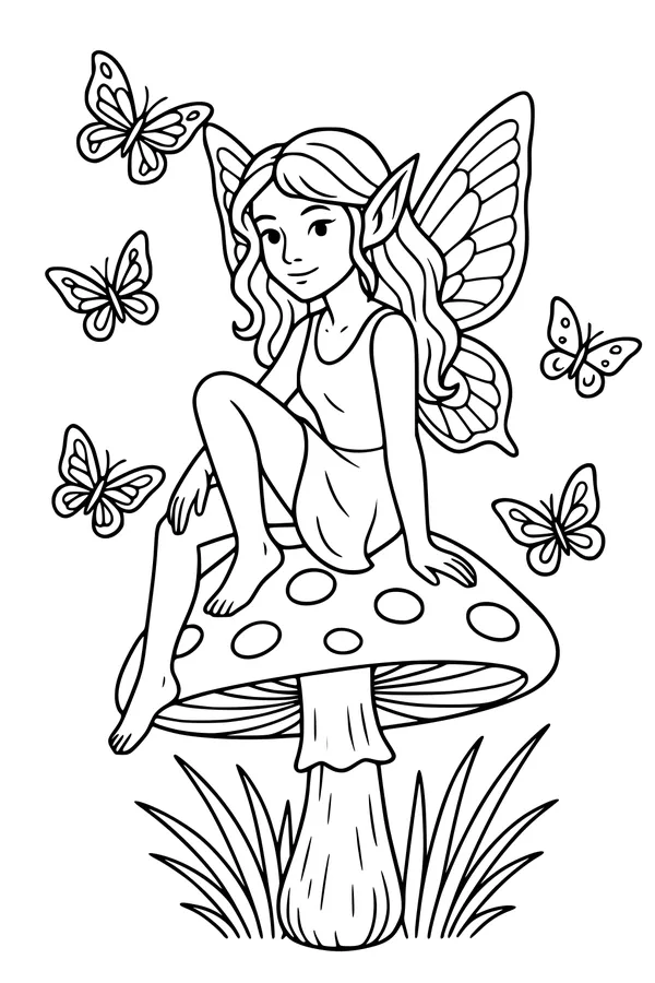 Free Fairy Coloring Page - Girl on Spotted Toadstool (Printable PDF)
