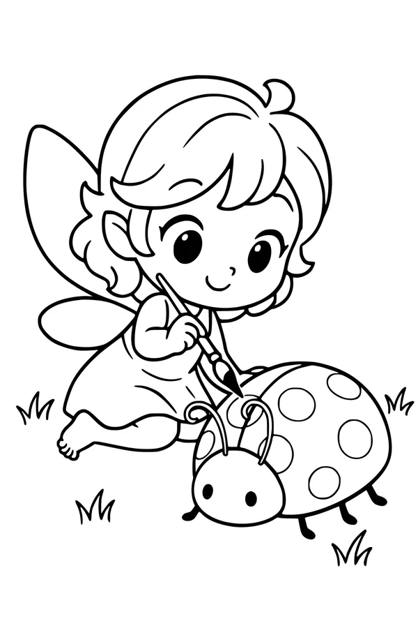 Free Fairy Coloring Page - Painting Polka Dots on a Ladybug (Printable PDF)