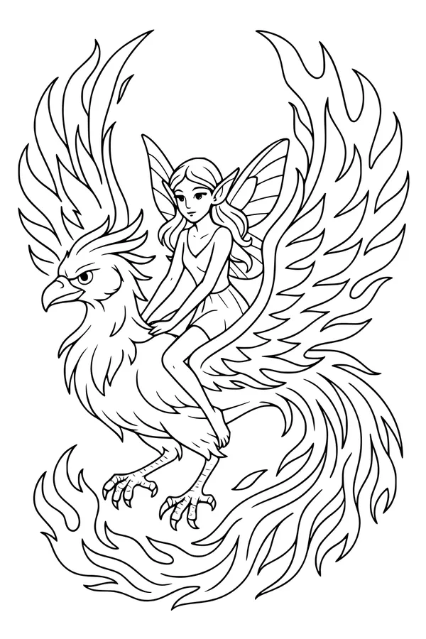 Free Fairy and Phoenix Coloring Page - Girl Riding Fiery Firebird (Printable PDF)