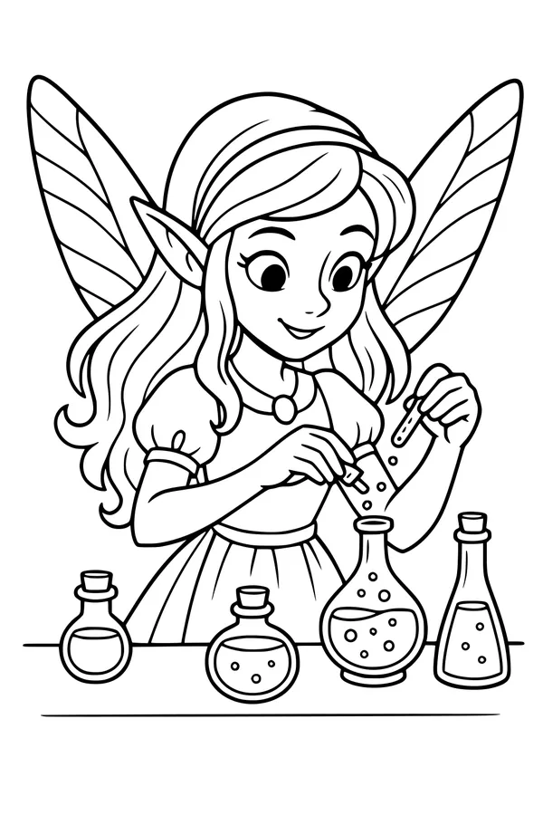 Free Fairy Coloring Page - Potion Mixing Alchemy Lab (Printable PDF)