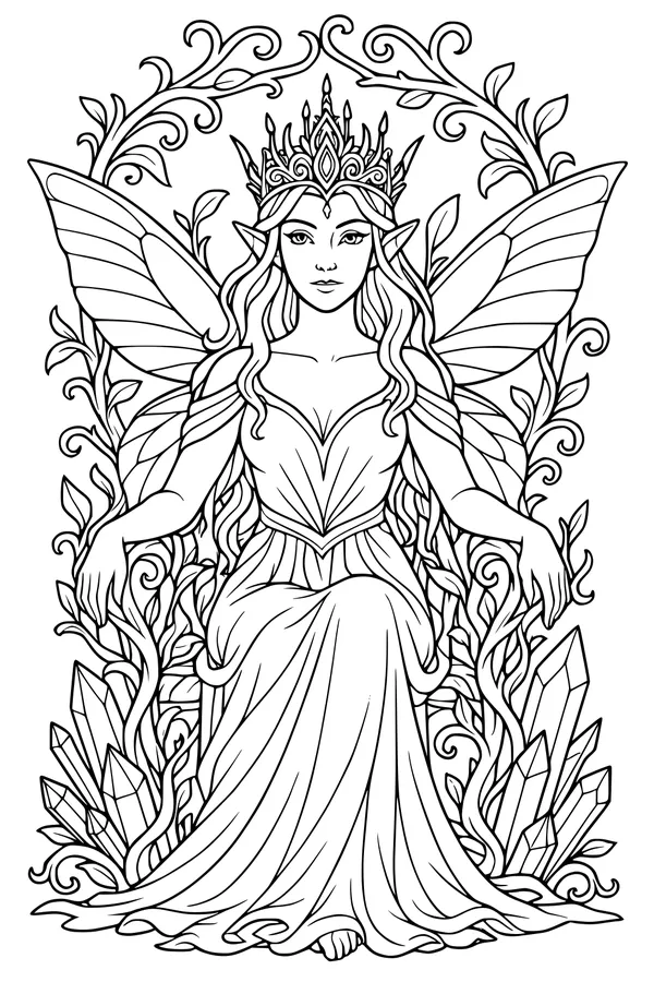 Free Fairy Queen Coloring Page - Forest Throne With Wings (Printable PDF)