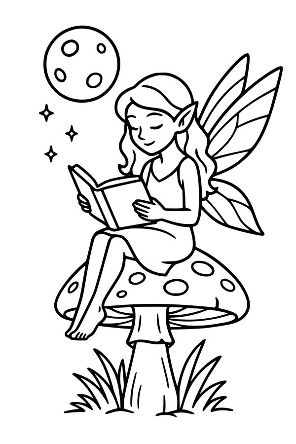 Free Fairy Coloring Page - Moonlit Storytime on a Toadstool (Printable PDF)