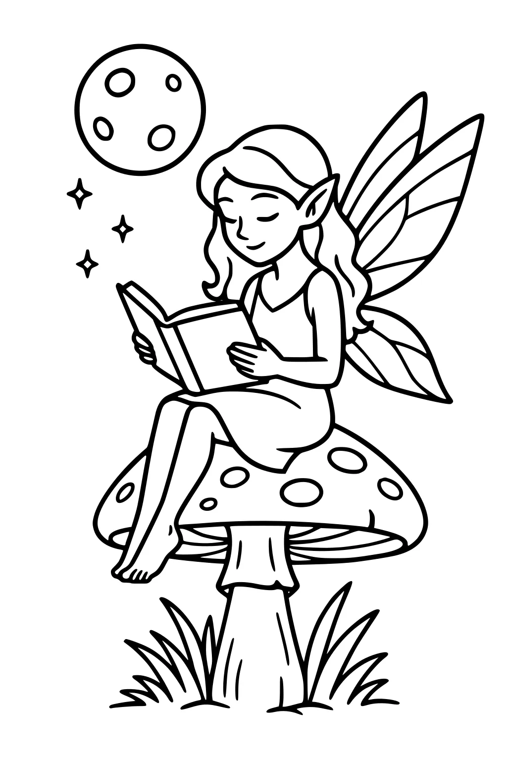 Fairy girl sits on a spotted mushroom, reading a book under a moon and three stars, wings spread, grass at the base.