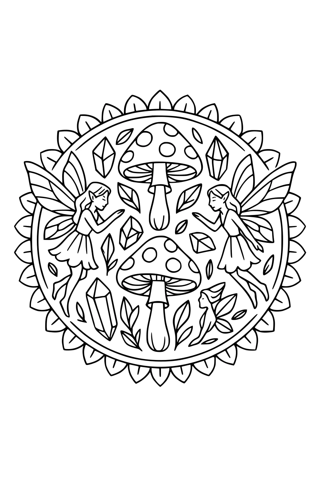 Two winged girl fairies around three spotted mushrooms inside a round mandala with crystals, leaves, and a scalloped petal border.