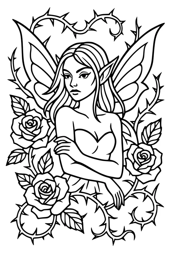 Free Fairy Coloring Page - Rose Garden Winged Fairy (Printable PDF)