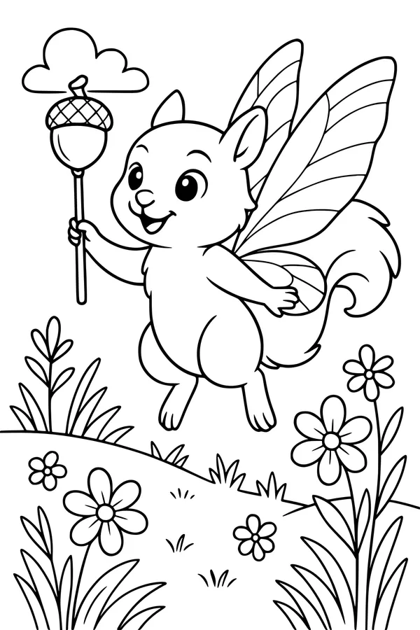 Free Fairy Squirrel Coloring Page - Flying With Magic Acorn Wand (Printable PDF)