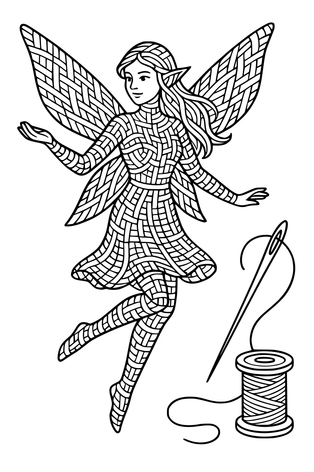 Fairy girl with woven wings flying by a large sewing needle and thread spool, smiling with bent leg and flowing hair.