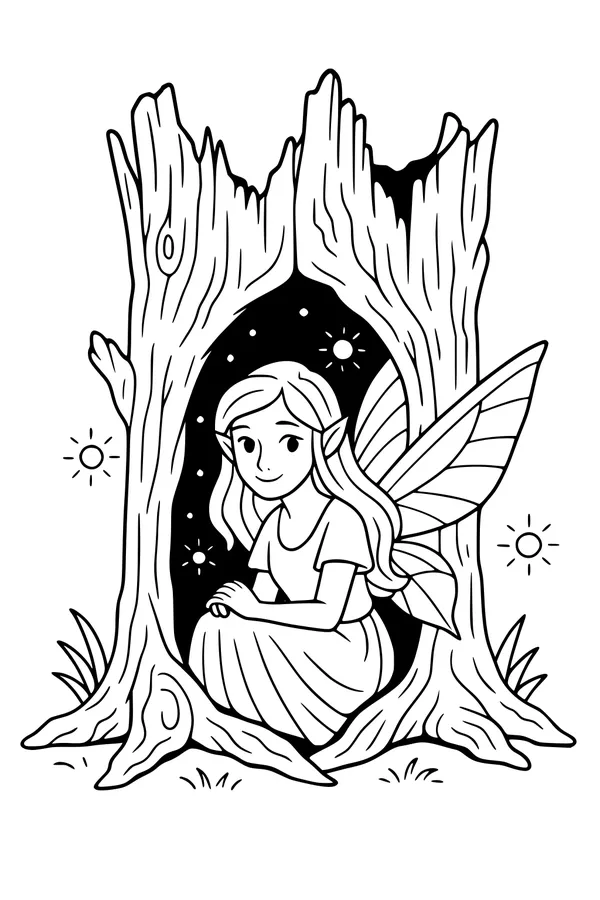 Free Fairy Coloring Page - Elf Girl Resting in Hollow Tree (Printable PDF)
