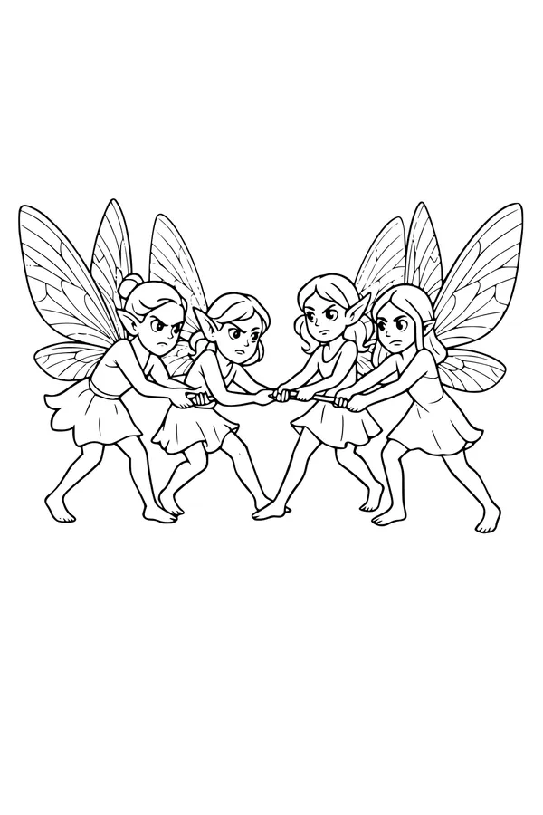 Free Fairy Friends Coloring Page - Tug-of-War Playtime (Printable PDF)