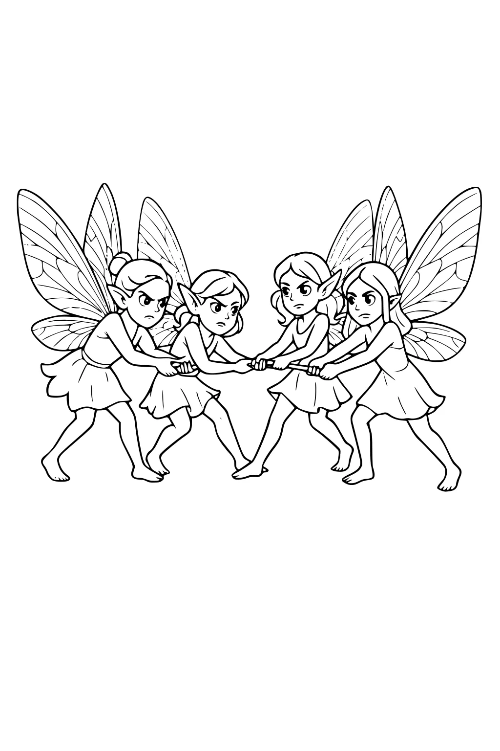 Four fairy girls with large wings play tug-of-war, two per side, gripping a stick, in simple dresses with determined faces.