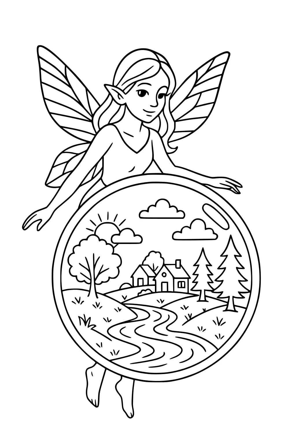 Smiling fairy girl with striped wings holding a round window showing a sunny village, trees, hills, and a winding river.