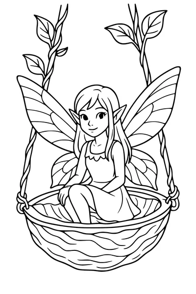 Free Fairy Coloring Page - Girl in Walnut Shell Swing (Printable PDF)
