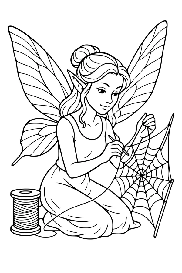Free Fairy Coloring Page - Girl Weaving a Spiderweb (Printable PDF)