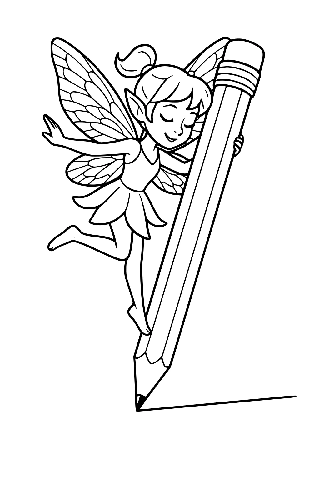 Fairy girl with wings holds a giant pencil and draws a line, eyes closed, wearing a petal dress while floating.