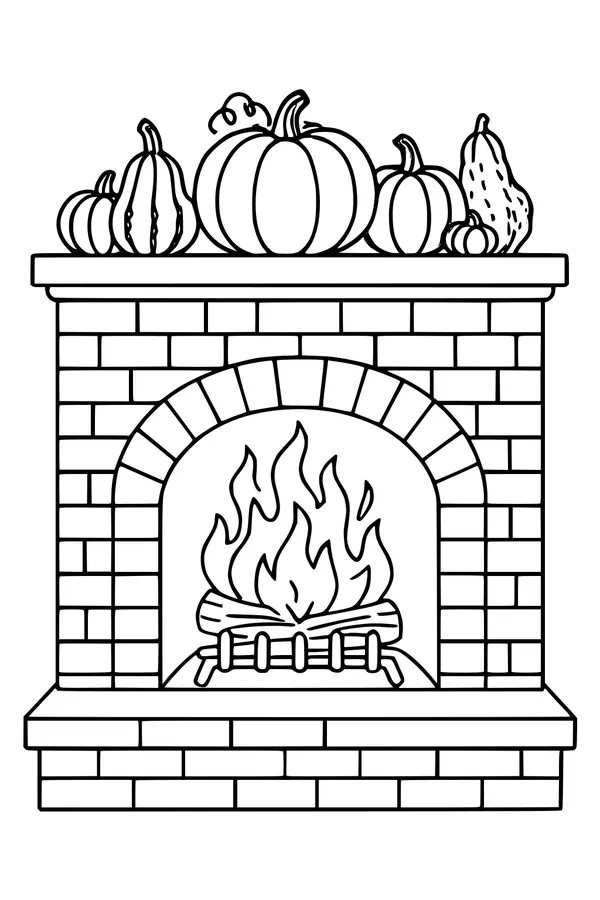 Free Thanksgiving Fireplace Coloring Page - Cozy Pumpkins on the Mantel (Printable PDF)
