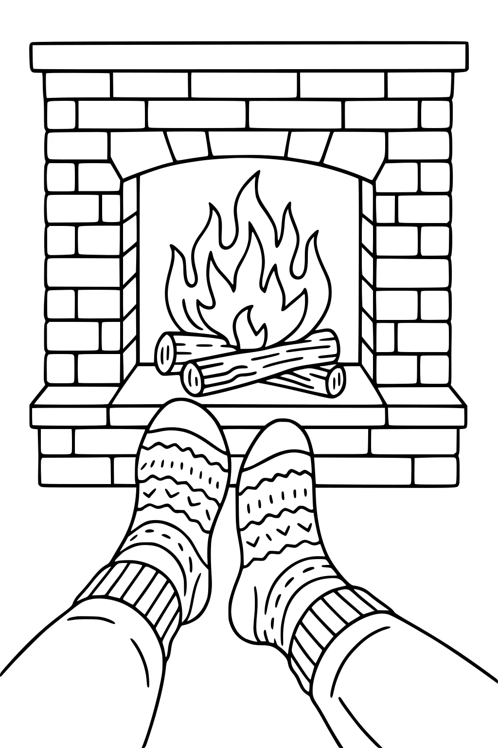 Patterned socks and legs stretched toward a brick fireplace with burning logs; seated view of a cozy fall hearth.