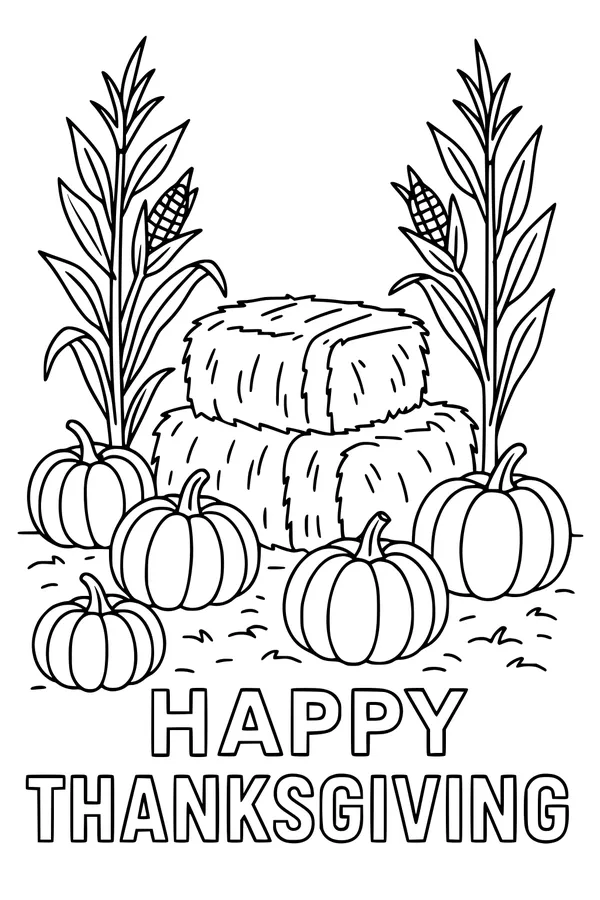 Free Thanksgiving Harvest Coloring Page - Pumpkins by the Hay Bales (Printable PDF)