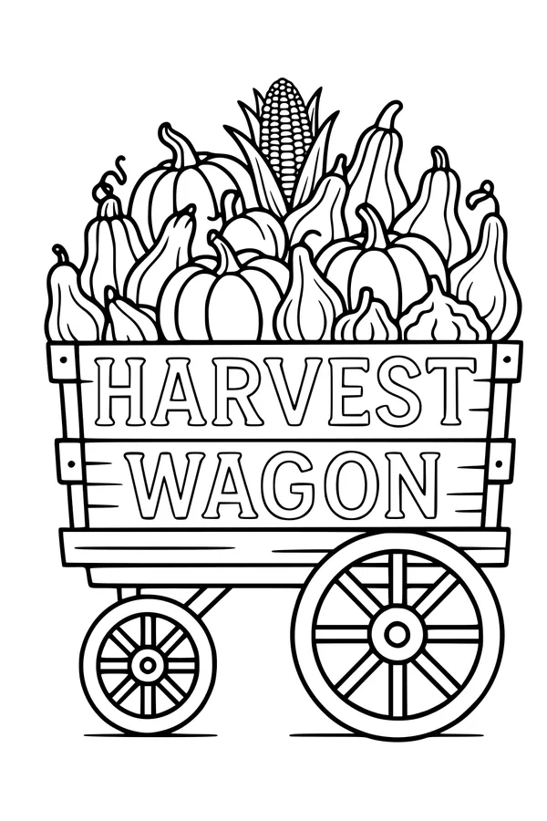 Free Harvest Wagon Coloring Page - Pumpkins and Gourds Scene (Printable PDF)
