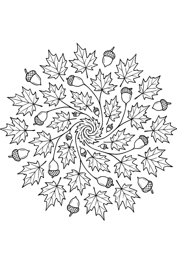 Free Fall Leaf Mandala Coloring Page - Maple Leaves and Acorns Spiral (Printable PDF)