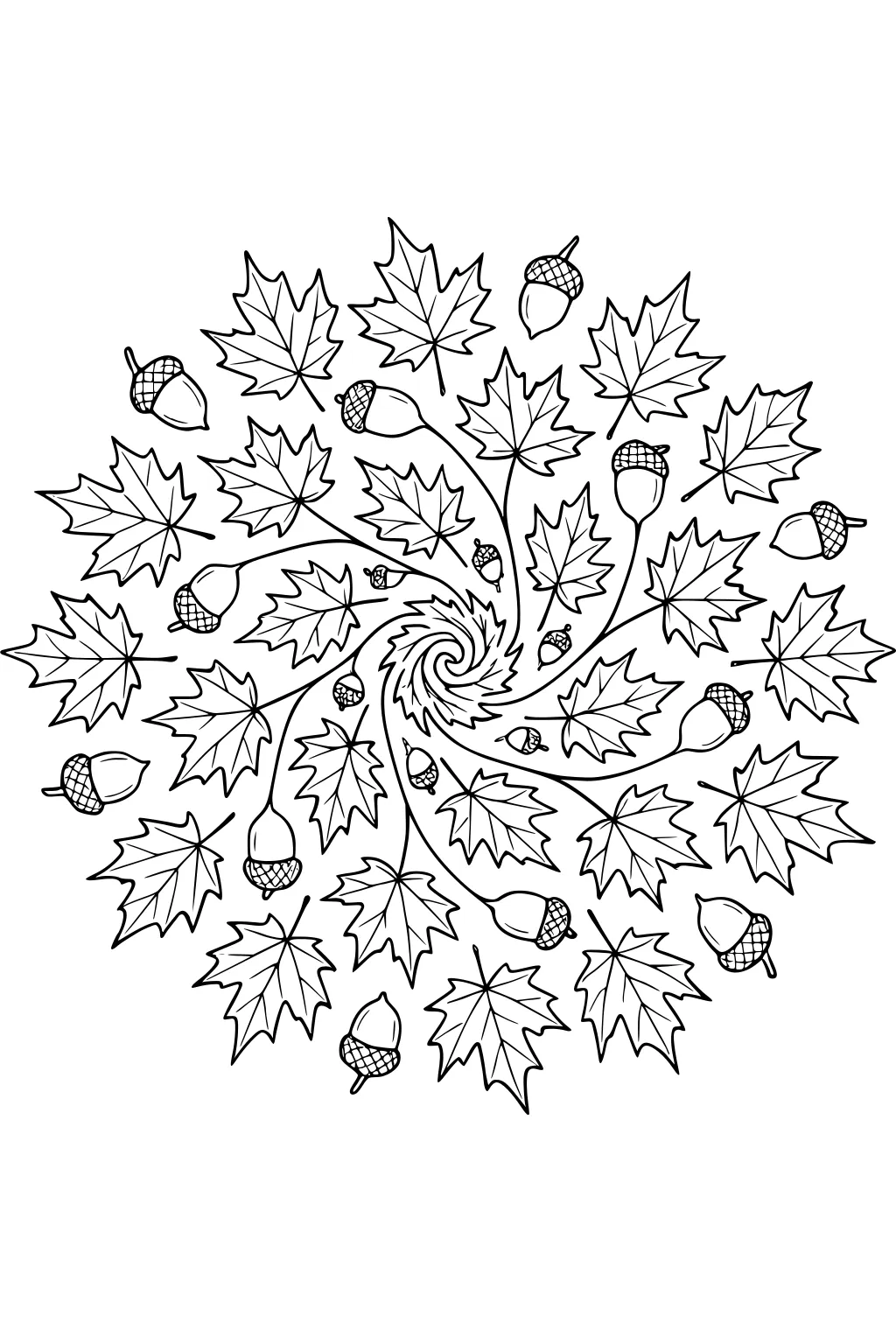 Spiral of maple leaves and acorns radiating from a central swirl, with veined leaf details and textured caps, outlined for coloring.