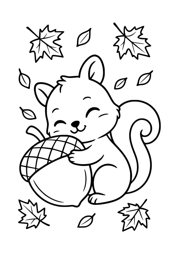 Free Squirrel Coloring Page - Cute Autumn Acorn Hug Scene (Printable PDF)