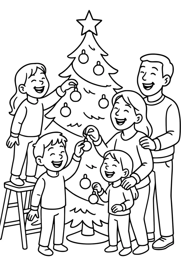 Free Christmas Family Coloring Page - Decorating the Tree Together (Printable PDF)