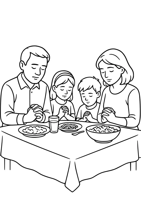Free Thanksgiving Family Coloring Page - Saying Grace at Dinner Table (Printable PDF)