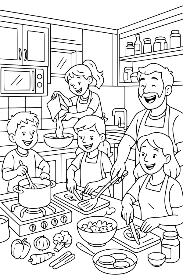 Free Thanksgiving Family Coloring Page - Cooking Dinner Together in the Kitchen (Printable PDF)