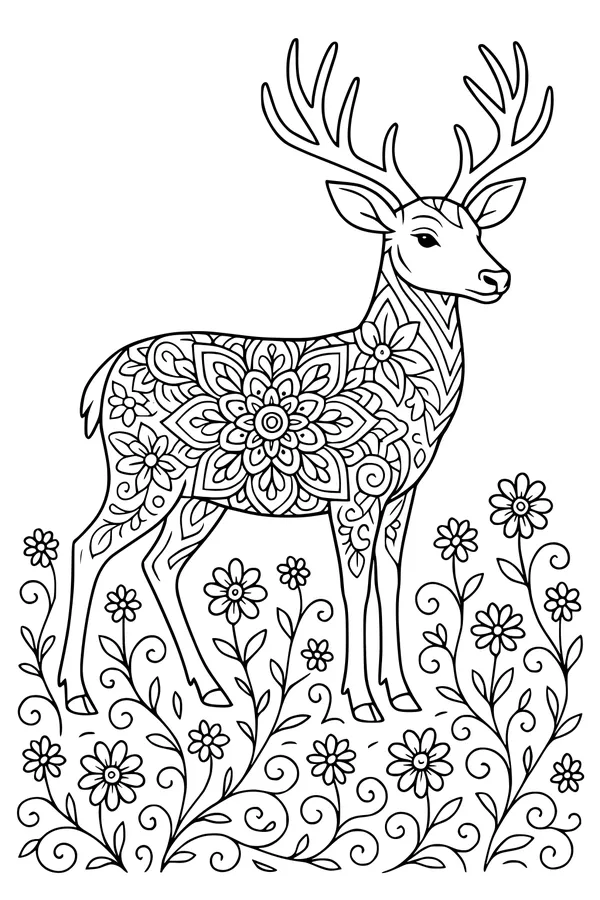 Free Deer Coloring Page - Antlered Meadow Prince With Floral Patterns (Printable PDF)