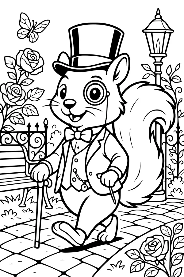 Free Squirrel Coloring Page - Dapper Gentleman in Rose Garden (Printable PDF)