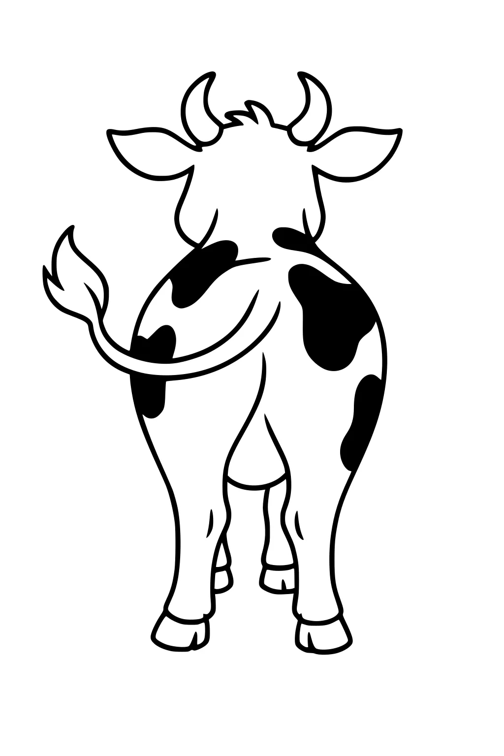 Back view of a spotted cow with a raised tail, large ears, horns, and four legs, standing upright with visible hooves.