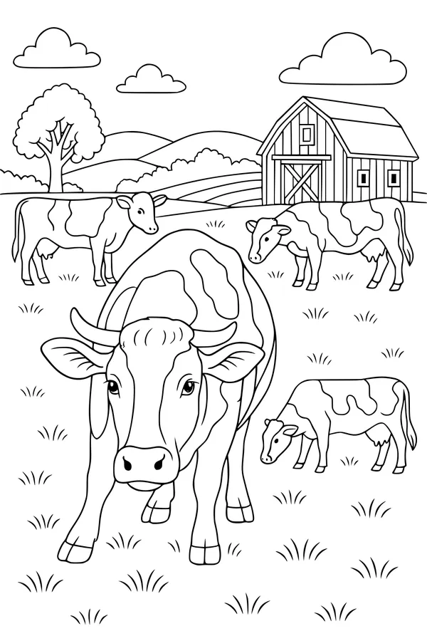 Free Cow Coloring Page - Herd in Sunny Farm Meadow (Printable PDF)
