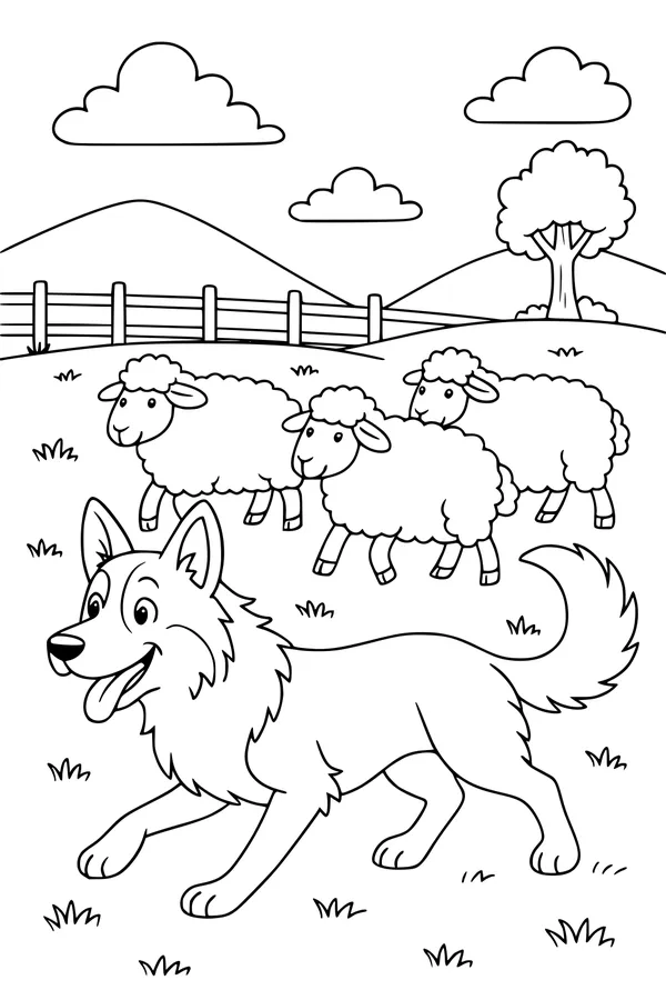 Free Dog Coloring Page - Happy Herding Dog in Green Hills (Printable PDF)